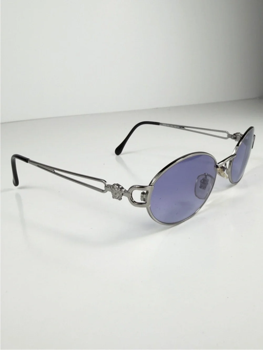 90s Vtg Versace H68 Silver Oval Medusa Sunglasses Custom Purple Lenses Full Set